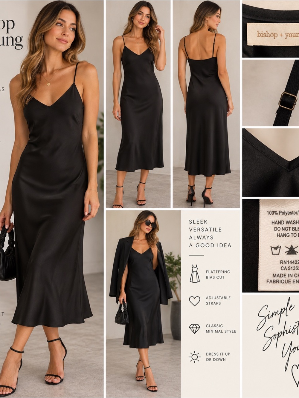 Bishop + Young Black Satin Bias Cut Slip Midi Dress Size S